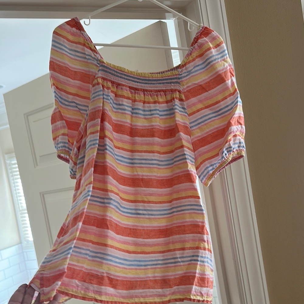 Talbots Orange Puff Sleeve Linen Smocked Blouse
